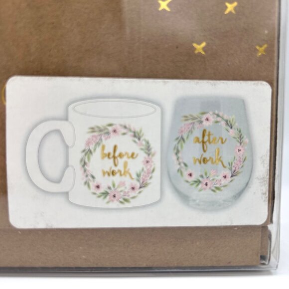 NIP BEFORE & AFTER WORK STEMLESS WINE GLASS COFFEE MUG FLORAL GIFT SET CHRISTMAS - Picture 4 of 6